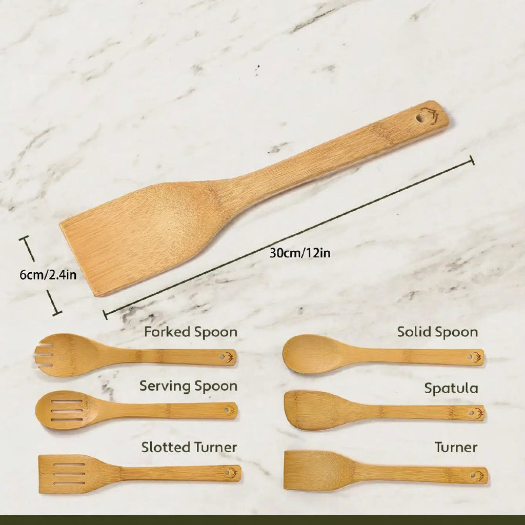 Bamboo Kitchen Utensil Set 6 Piece – Wooden Cooking Utensils, Non Stick Safe Spatula & Spoon Set