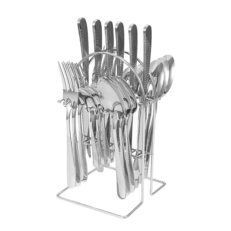 24-Piece Stainless Steel Cutlery Set with Stand – Gold & Silver Knife, Fork, Spoon Flatware Set for Dining