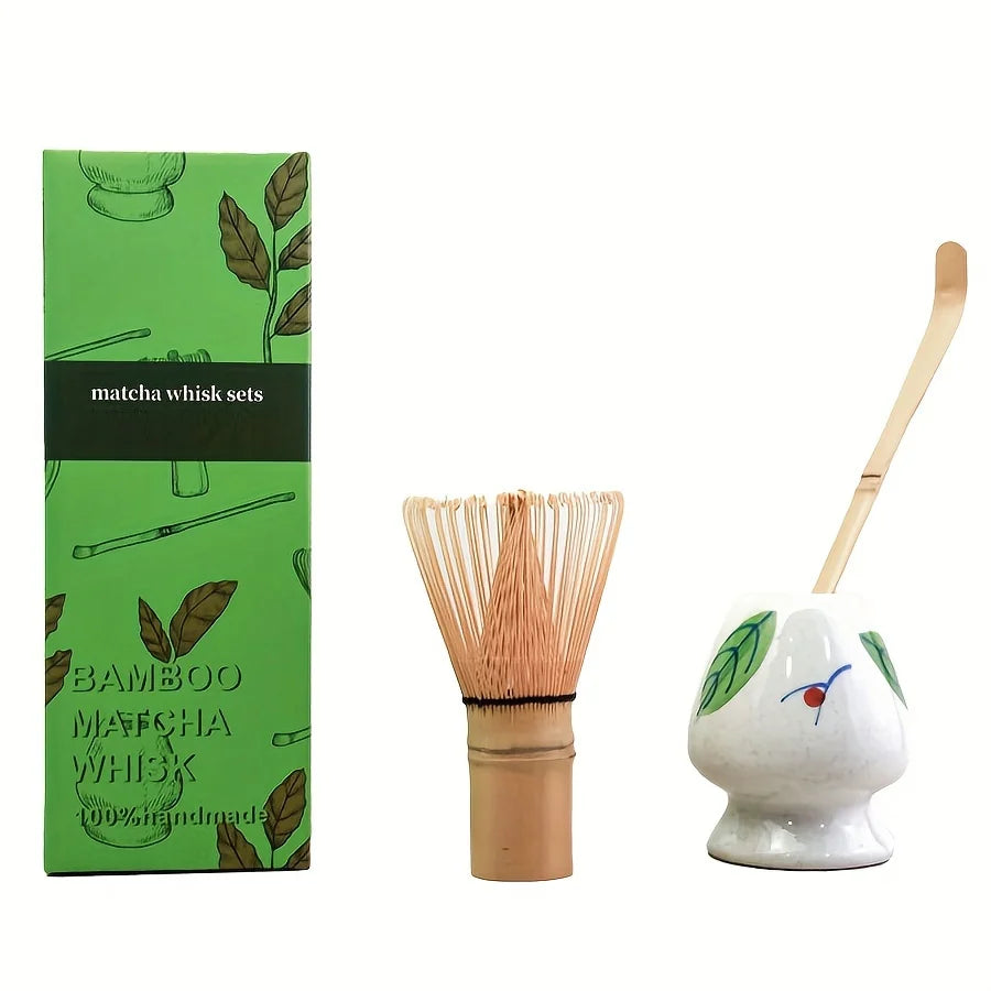 Bamboo Matcha Whisk & Scoop Set – 3-Piece Japanese Tea-Making Kit with Ceramic Holder