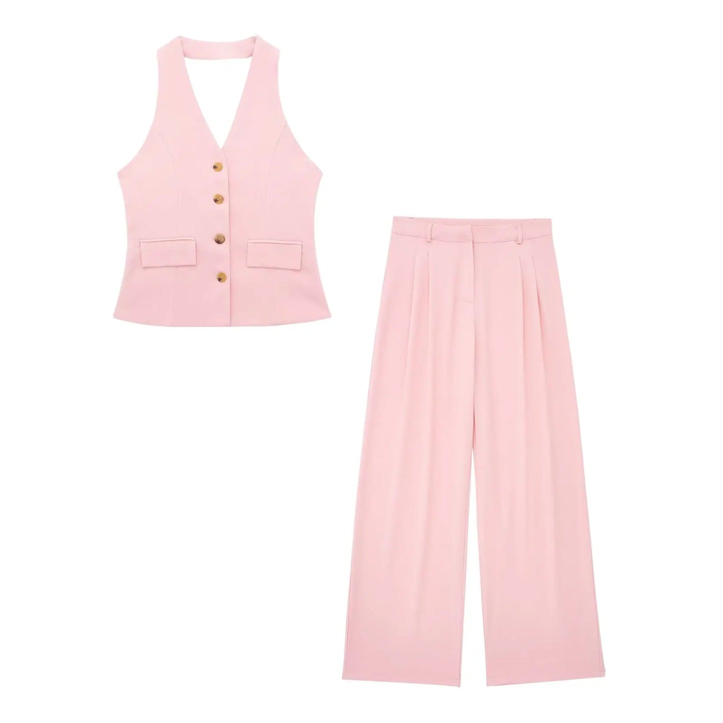 Rivana Tailored Waistcoat and Wide Leg Trouser Two Piece Set – White, Pink, Taupe and Black Sleeveless Suit Co-ord for Women