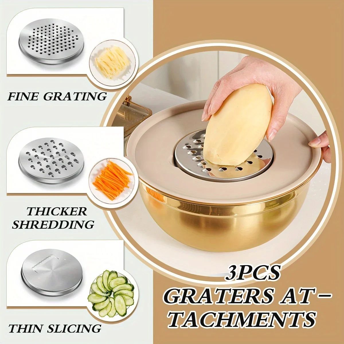 Gold Stainless Steel Mixing Bowls Set with Lids & Graters – 5 Piece Kitchen Food Prep, Salad & Baking Bowls
