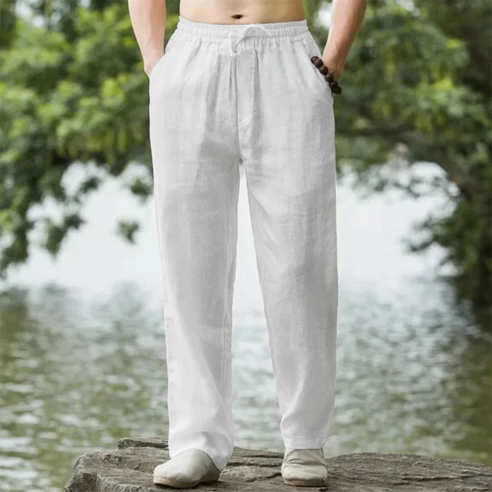 Men’s Loose Fit Linen Trousers – Lightweight Drawstring Waist Straight Leg Summer Pants