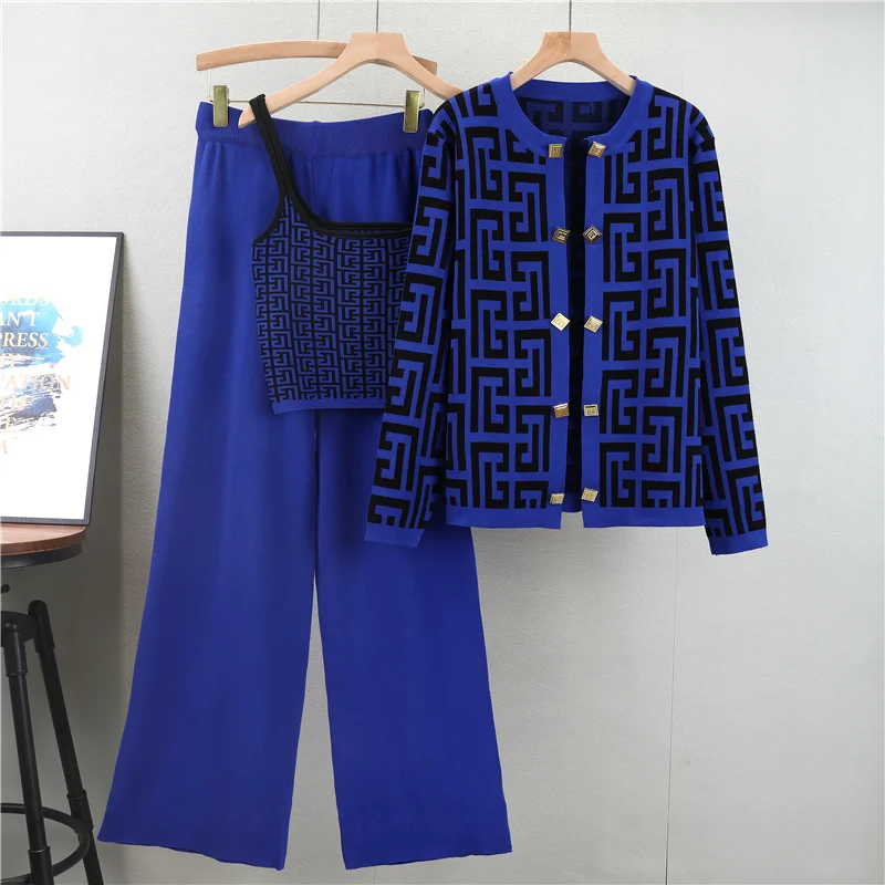 Bold 3-Piece Knit Co-ord Set with Geometric Pattern & Gold Buttons