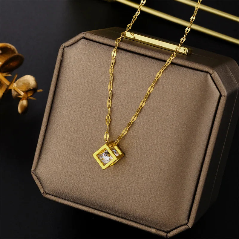 Gold Cube Pendant Necklace
