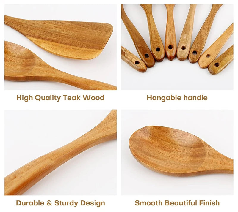 Natural Bamboo Wood Kitchen Utensil Set – 7/10-Piece Wooden Cooking Spoons, Spatulas & Tongs for Non-Stick Cookware
