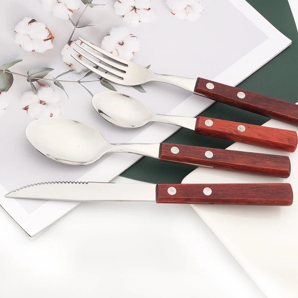 Wooden Handle Cutlery Set – 24 Piece Stainless Steel Knives, Forks & Spoons for Dining & Kitchen