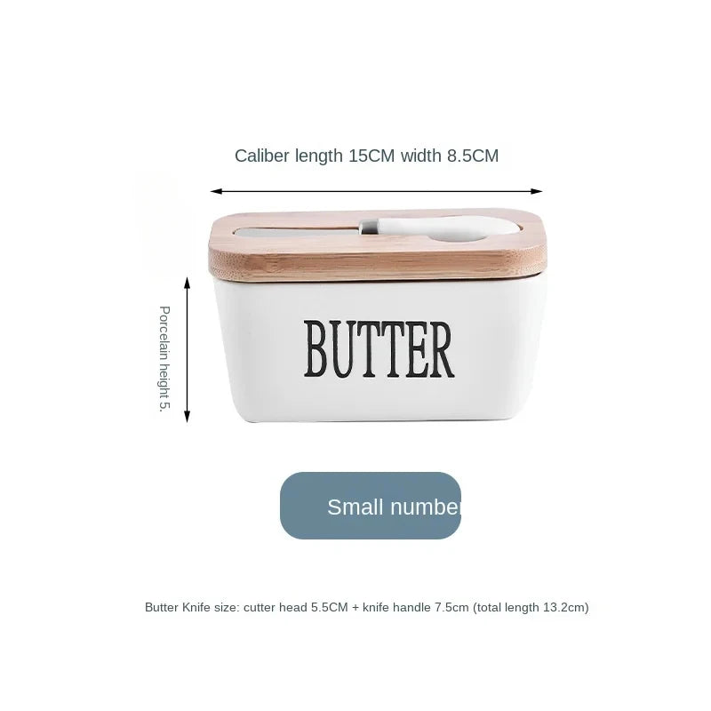 Ceramic Butter Dish with Wooden Lid & Knife – White Kitchen Storage Container