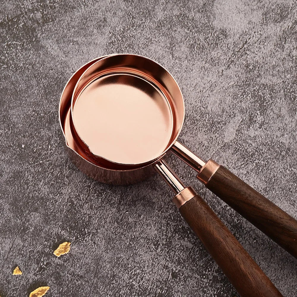 Rose Gold Measuring Cups and Spoons Set – Stainless Steel with Wooden Handles for Baking & Cooking