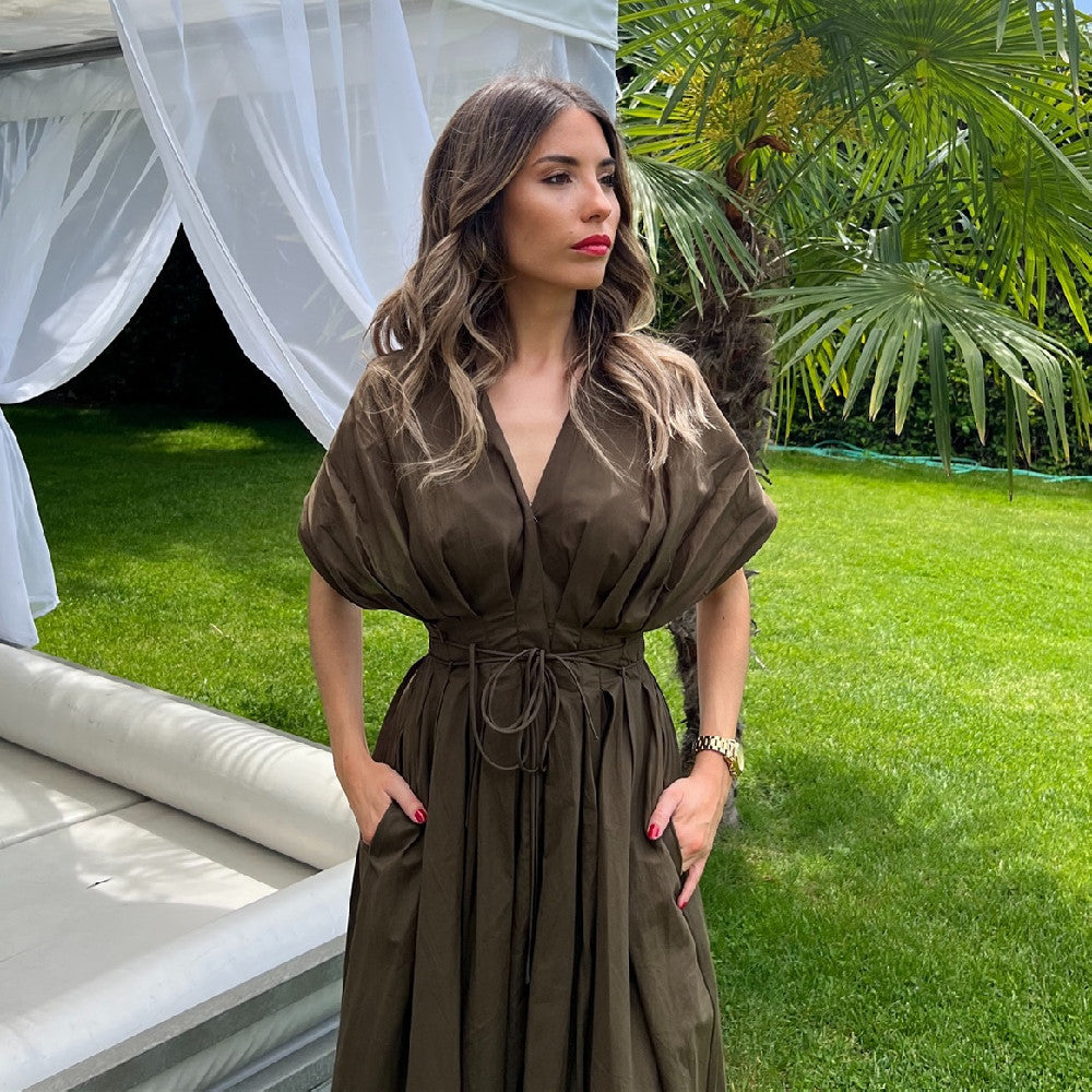 Salomé Pleated Kimono Sleeve Maxi Dress – Structured A-Line Occasion Gown with Waist Tie
