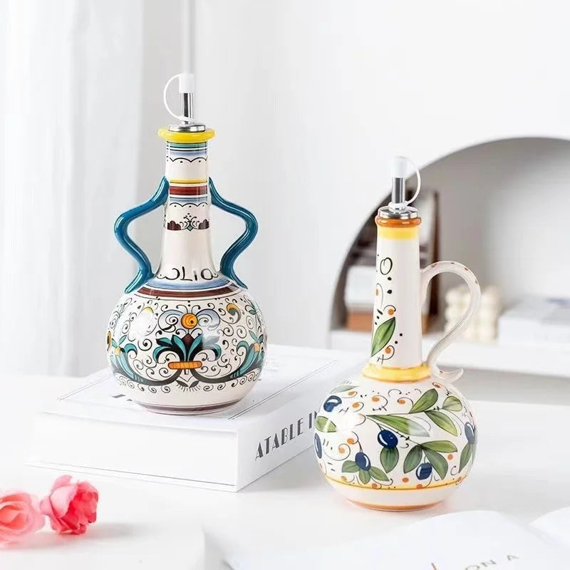 Hand-Painted Ceramic Olive Oil & Vinegar Bottle – Italian Style Cruet with Pourer for Kitchen & Dining
