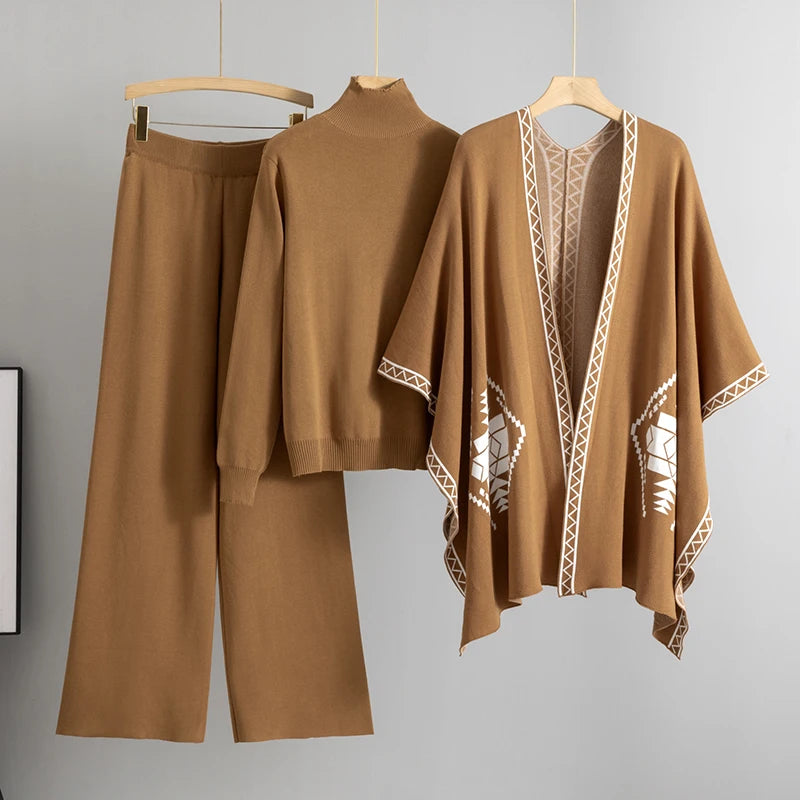 3-Piece Knit Co-ord Set with Mock-Neck Top and Cape – Available in Claret, Black, Brown, Blue, Tan & Beige