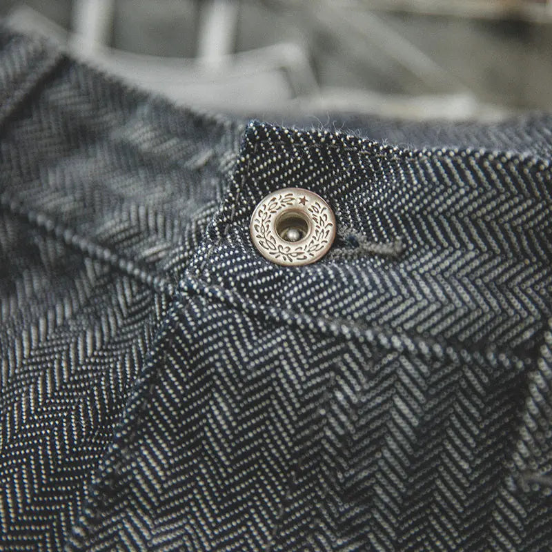Grey Striped Herringbone Straight Leg Trousers – Smart Casual Zip Fly Men’s Jeans with Pockets