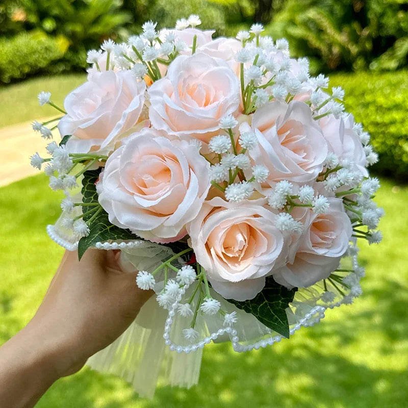 Elodie Peach and Ivory Rose Bridal Bouquet – Wedding Flowers with Pearl Trim