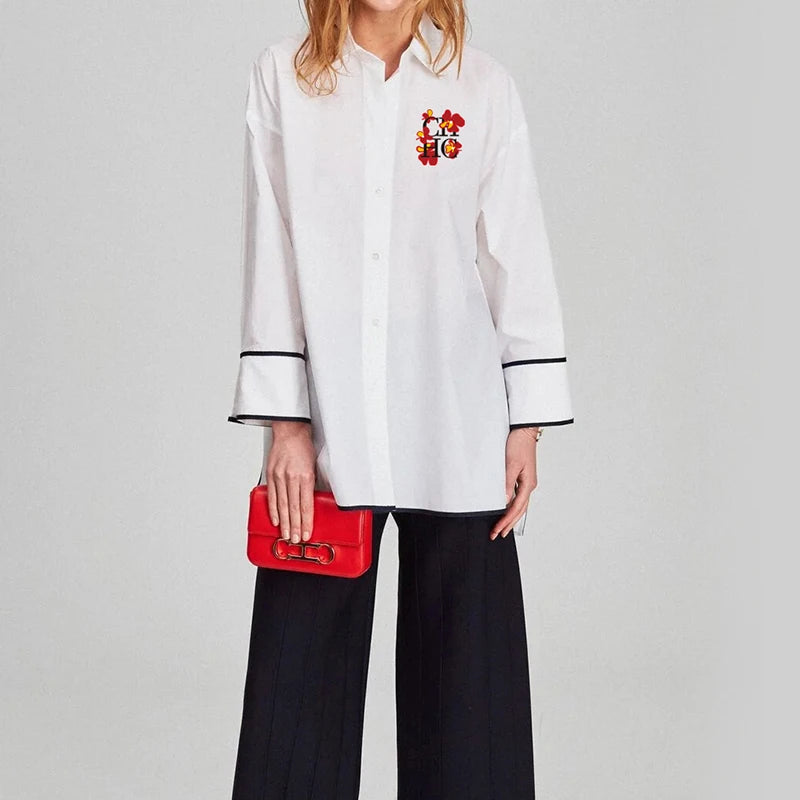 Noemie Logo Detail Cotton Blouse – Longline White Long Sleeve Shirt with Contrast Trim