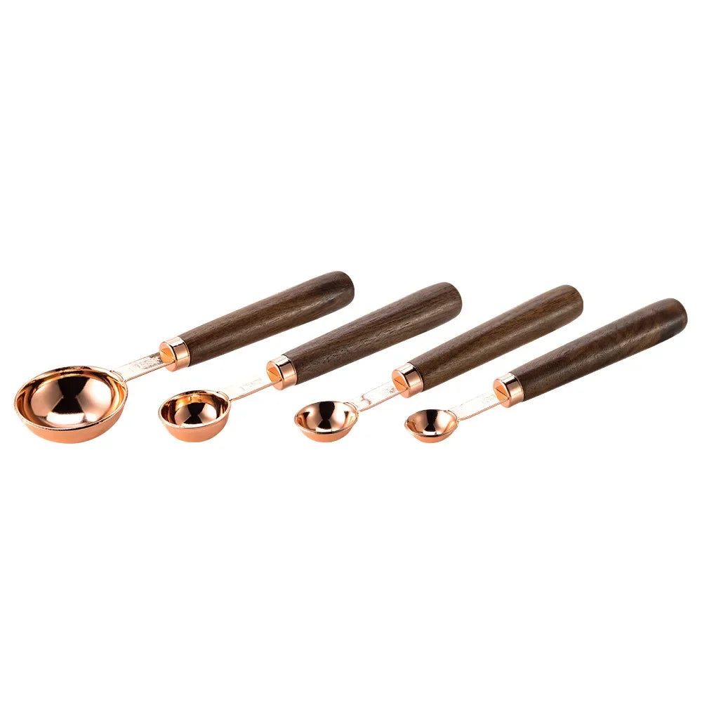 Rose Gold Measuring Cups and Spoons Set – Stainless Steel with Wooden Handles for Baking & Cooking