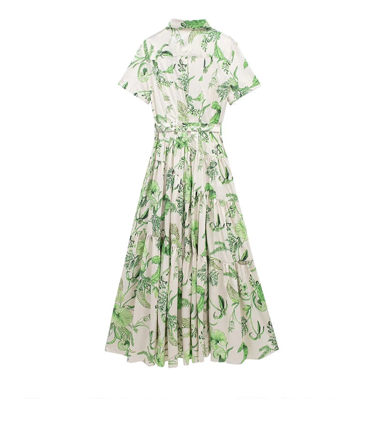 Botanique Belted Shirt Dress – Short Sleeve Button-Down Tiered Maxi with Leaf Print