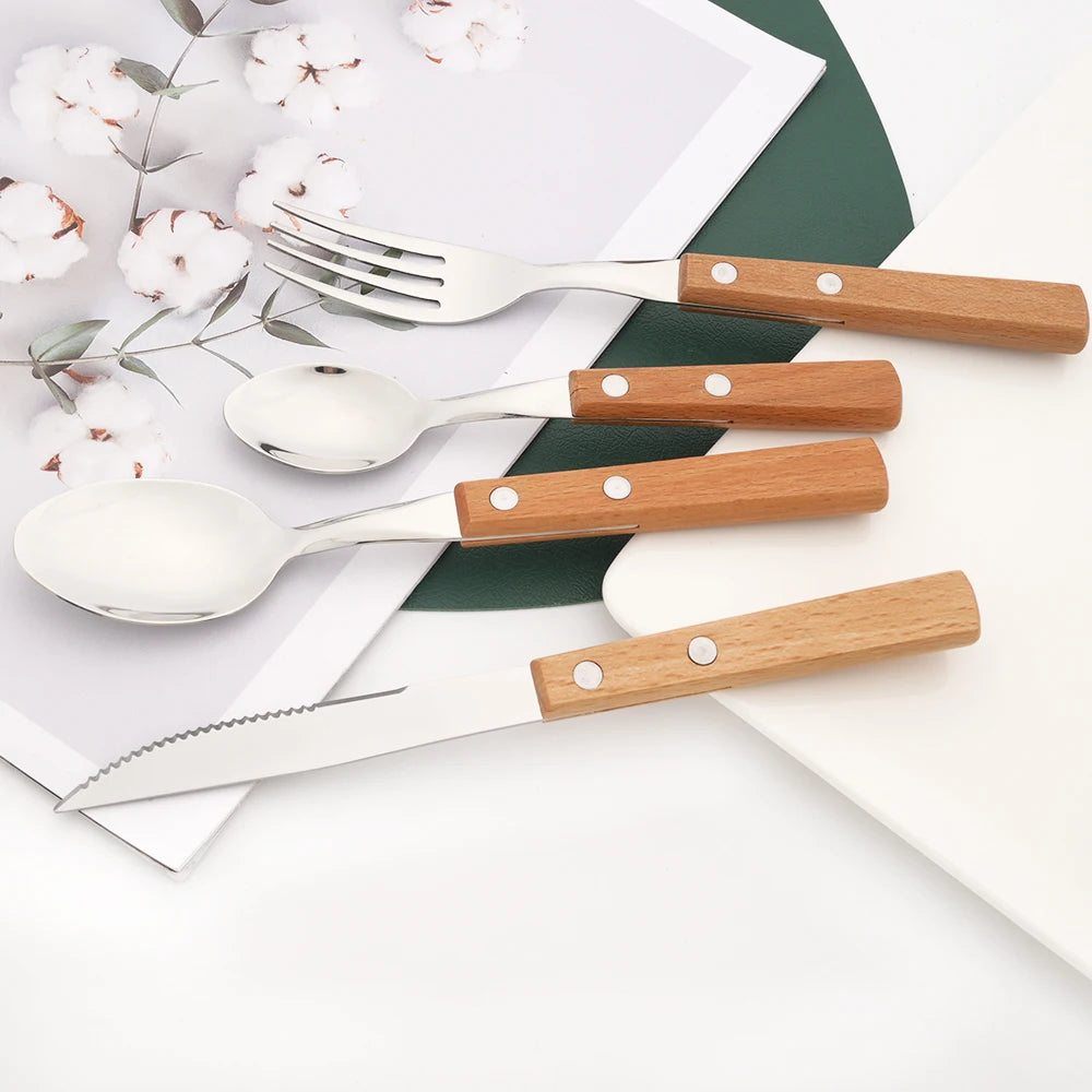 Wooden Handle Cutlery Set – 24 Piece Stainless Steel Knives, Forks & Spoons for Dining & Kitchen