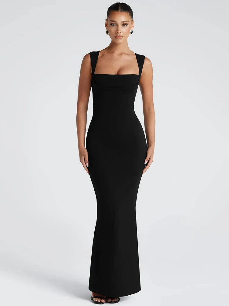 Marzelle Square Neck Bodycon Maxi Dress – Black or Claret Red Sculpting Evening Dress