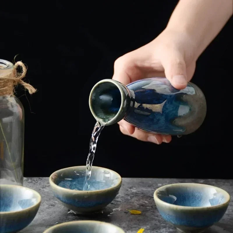 Aozora Japanese Sake Set – 5-Piece Deep Blue Ceramic Bottle & Cup Gift Set for Home Bar and Dining