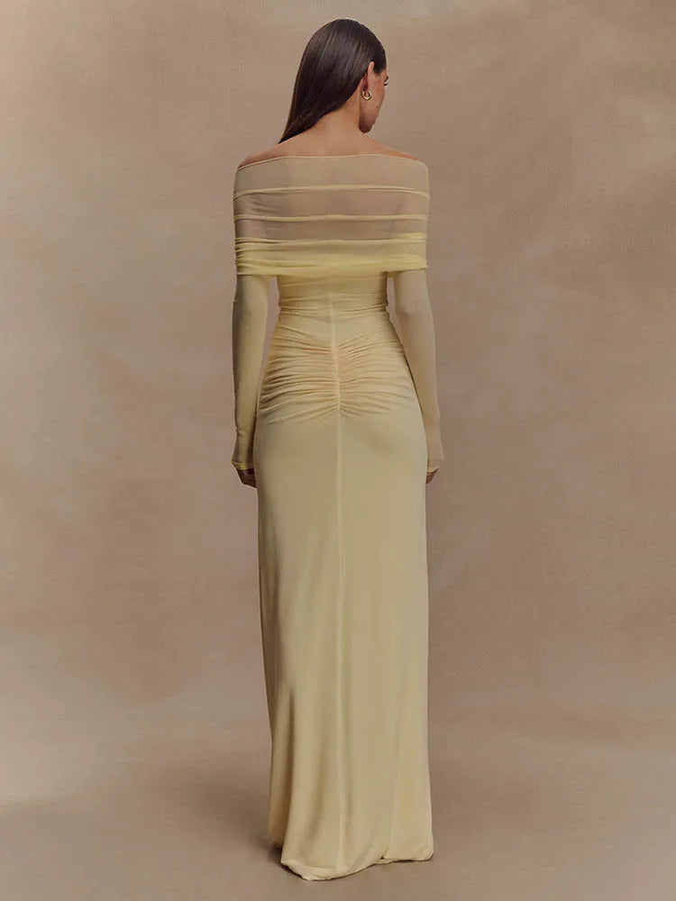 Avielle Off-Shoulder Mesh Bodycon Maxi Dress – Twist Front Ruched Cut-Out Gown for Weddings and Evening Occasions