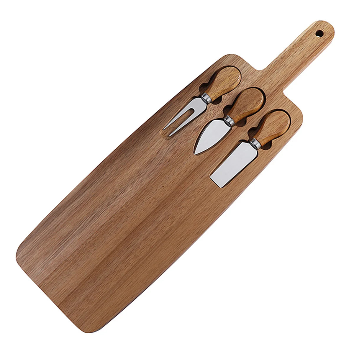Acacia Cheese Board with 3-Piece Knife Set – Wooden Charcuterie Serving Tray with Stainless Steel Cutlery