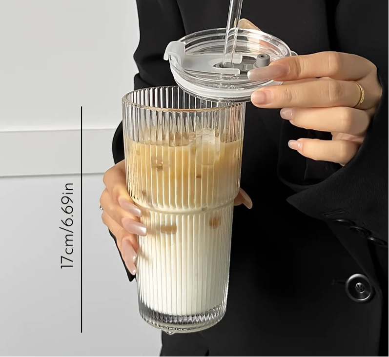 Ribbed Glass Tumbler with Straw & Lid – Large Iced Coffee Cup or for Cold Drinks
