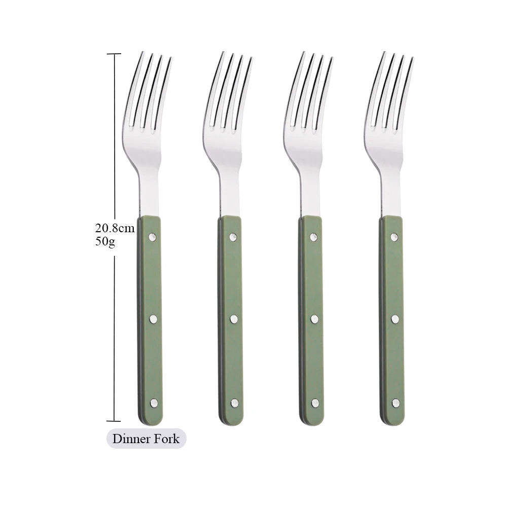 Green/ White Handle Stainless Steel Cutlery Set – 16-Piece Flatware with Forks, Knives & Spoons for Everyday Dining