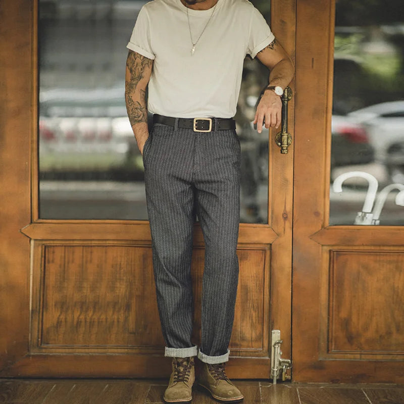 Grey Striped Herringbone Straight Leg Trousers – Smart Casual Zip Fly Men’s Jeans with Pockets