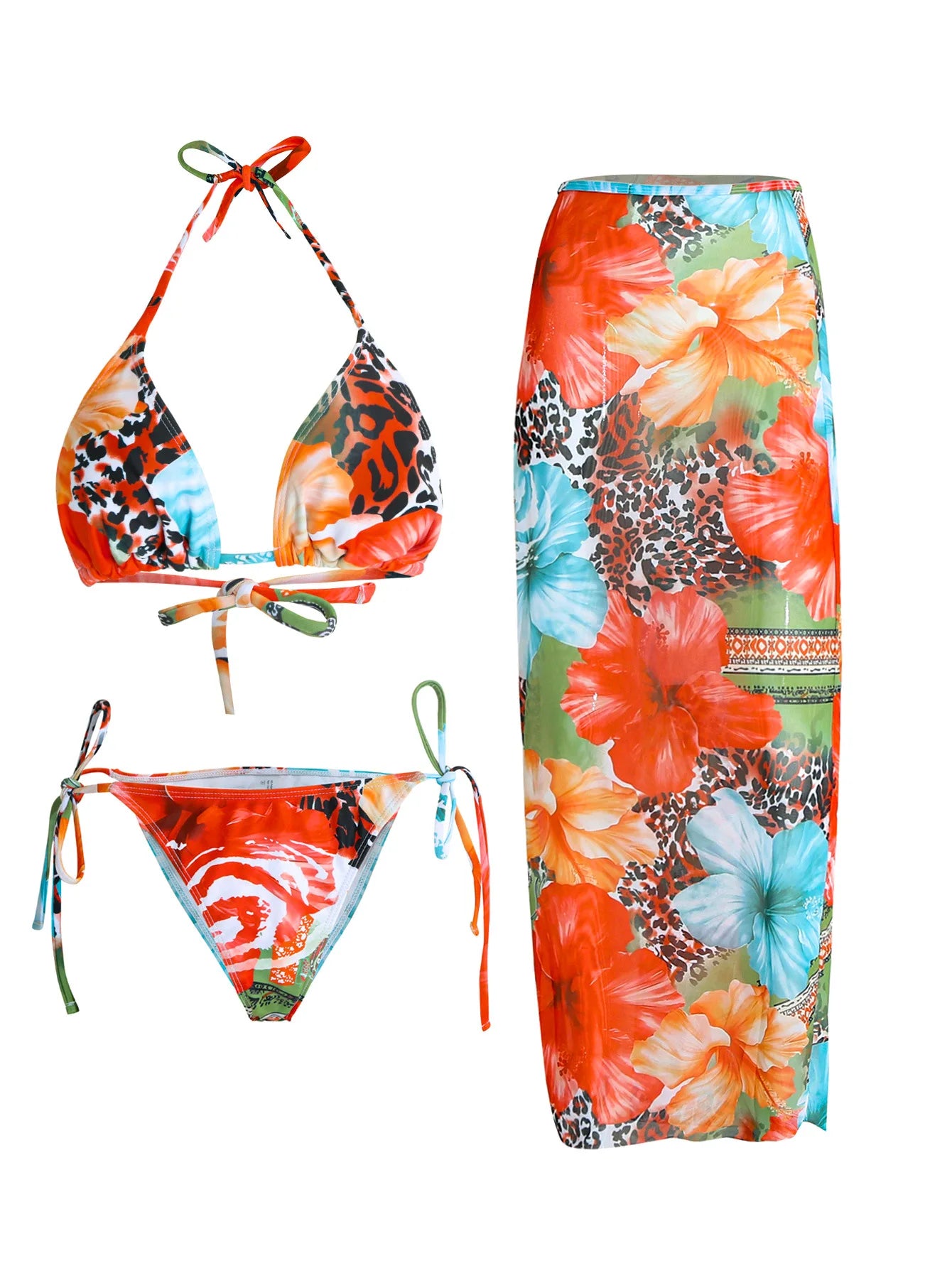 Floral Bikini and Mesh Skirt Set – Summer Holiday 3 Piece Swimsuit in Tropical Prints and Animal Patterns