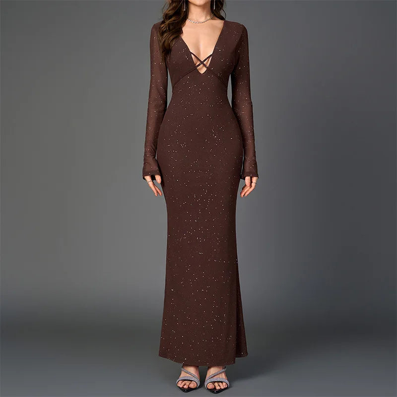 Vireya Long Sleeve Glitter Maxi Dress – Deep V Neck Bodycon Evening Dress, Elegant Party & Occasion Dress