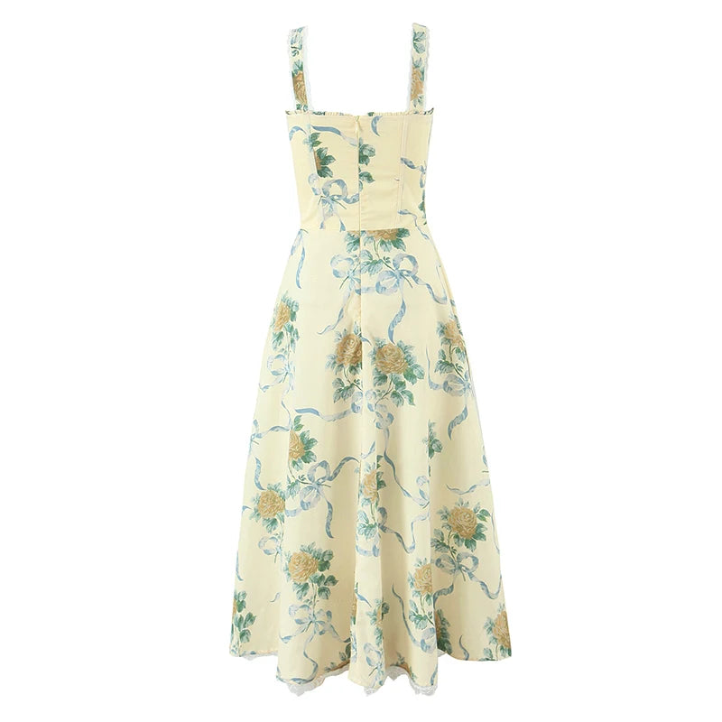 Saphira Floral Corset Maxi Dress – Soft Pink or Lemon Yellow Summer Occasion Dress with Tie Front Bodice