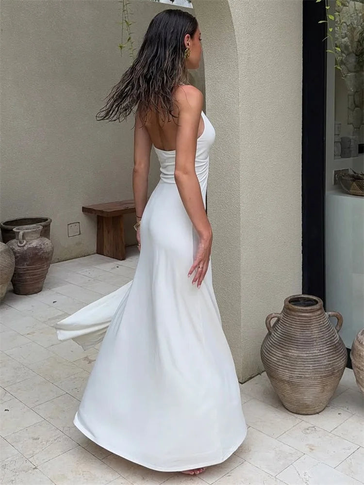 Savina Halterneck Plunge Ruched Maxi Dress – White, Chocolate Brown, Lilac, Silver & Black Summer Occasion Dress