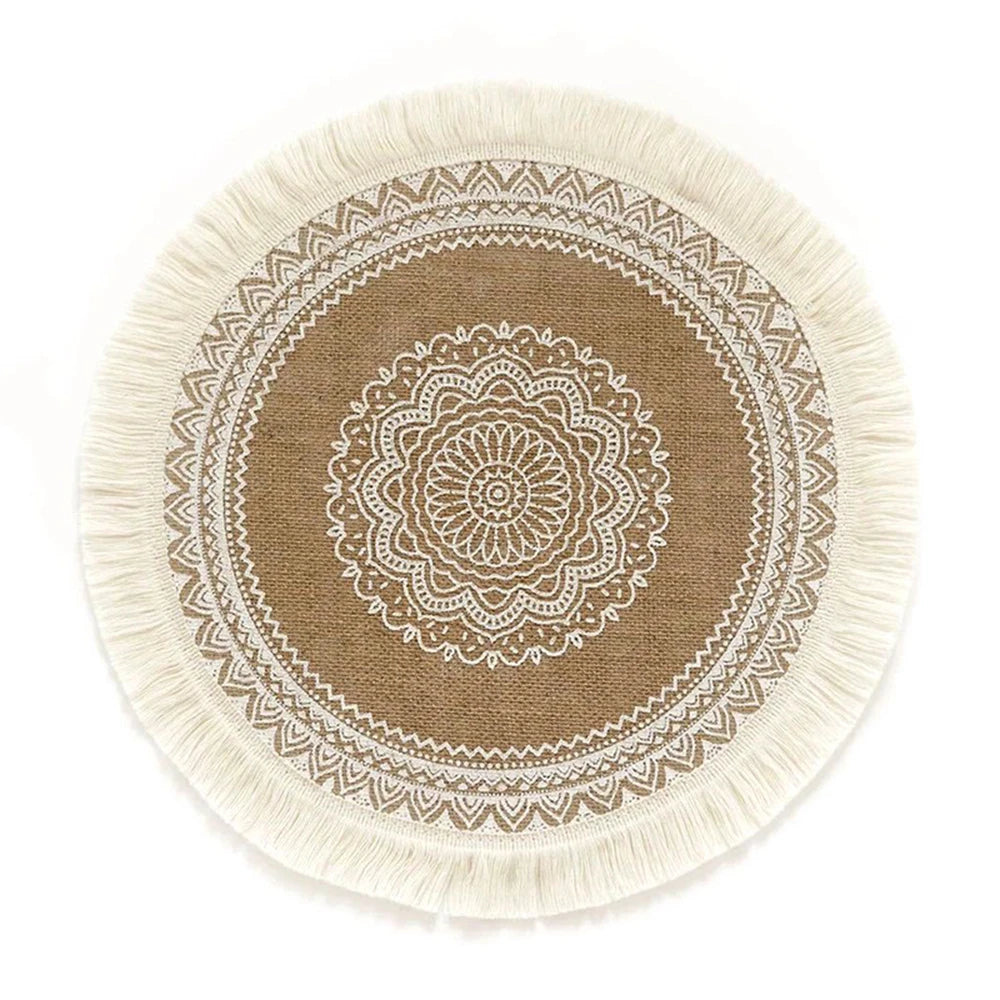 Boho Jute Round Placemats with Tassels – 38cm Natural Woven Table Mats for Rustic Dining & Home Decor