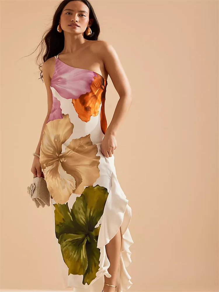 Florenia Asymmetric Floral Midi Dress – Sleeveless Bodycon Ruffle Hem Summer Holiday Dress