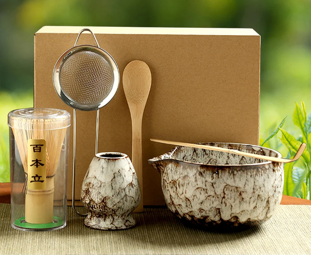 Traditional Matcha Tool Set – 6-Piece Japanese Style Kit with Ceramic Bowl, Bamboo Whisk & Sifter