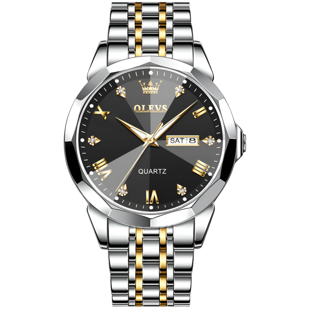 Luxury Diamond Accent Watch - Two Tone Stainless Steel With Day And Date Display