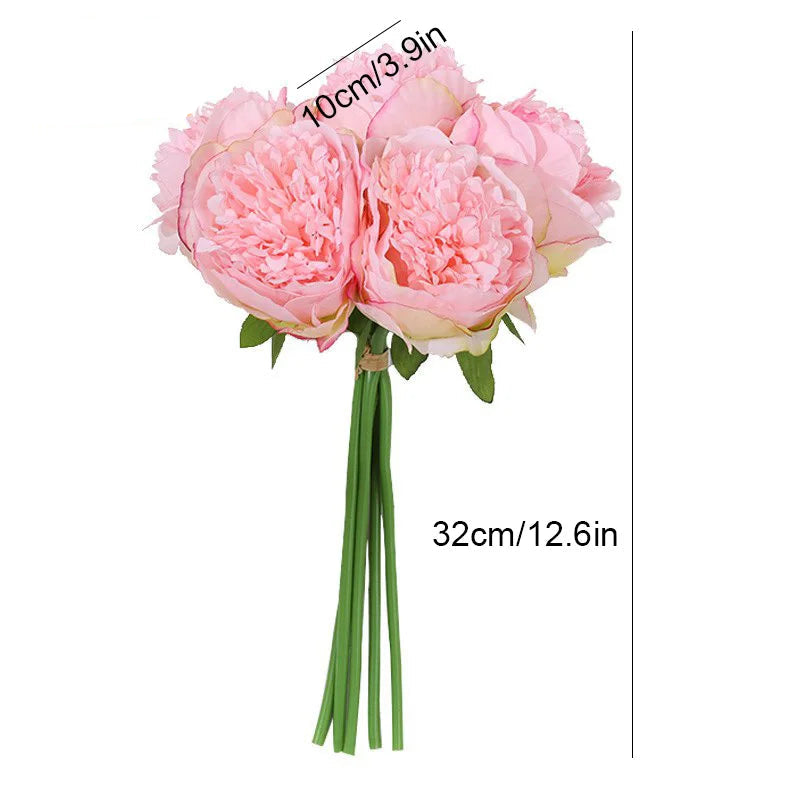 Peonia Bloom Bouquet – Silk Faux Peony Flower Arrangement with 5 Heads for Vase Styling, Wedding Flowers and Home Décor