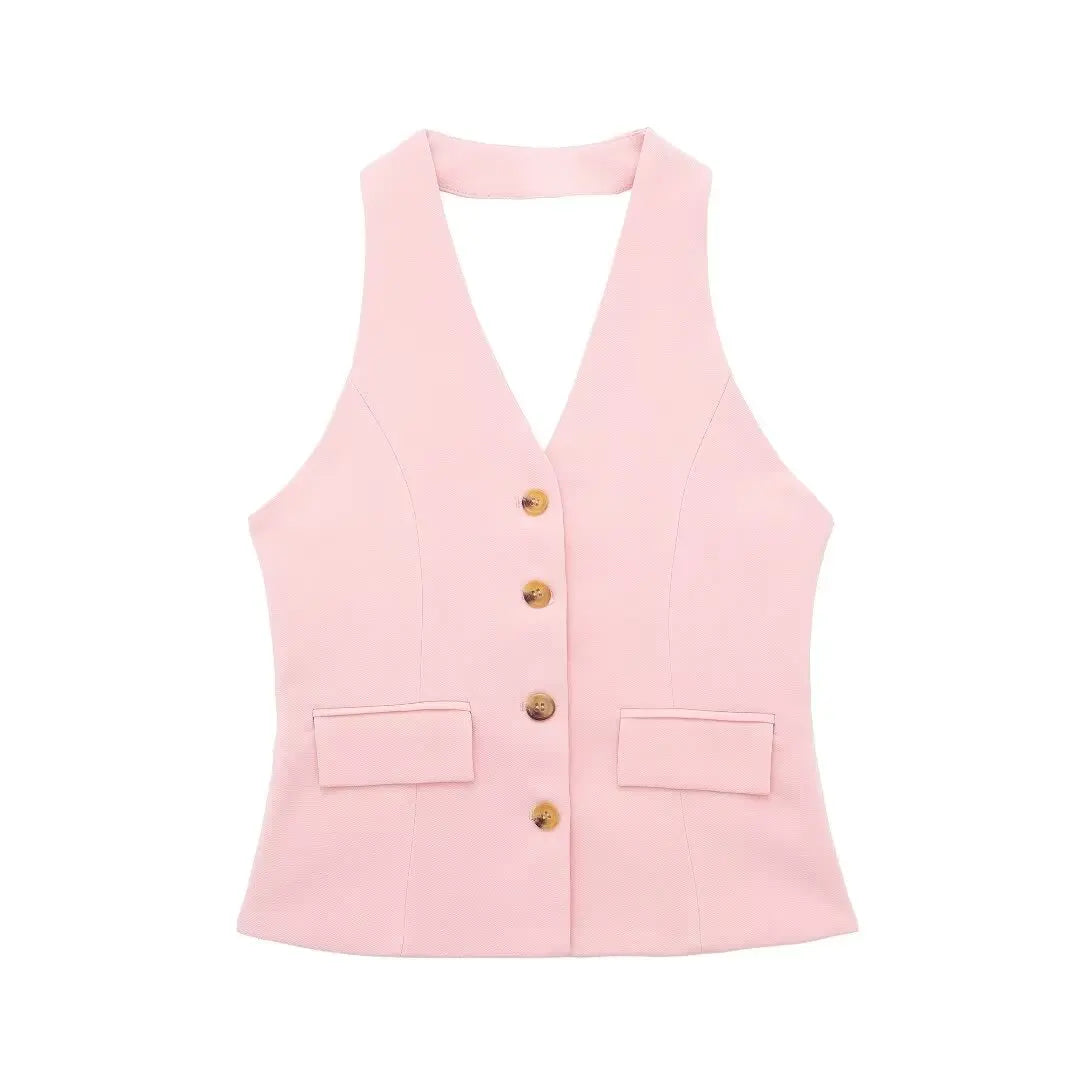 Rivana Tailored Waistcoat and Wide Leg Trouser Two Piece Set – White, Pink, Taupe and Black Sleeveless Suit Co-ord for Women