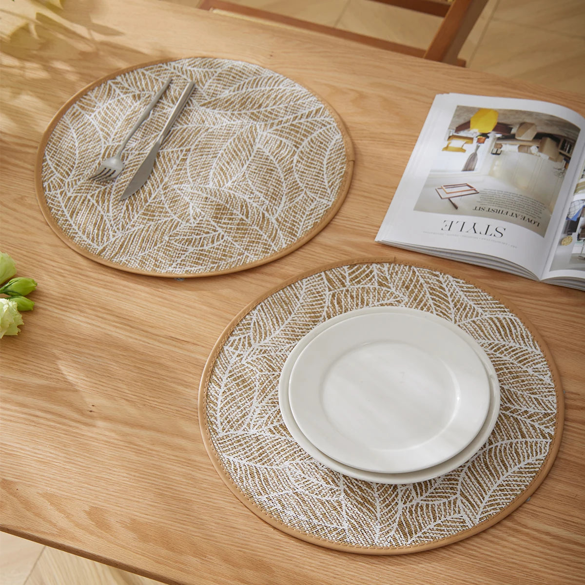 Boho Leaf Pattern Round Placemats for Dining Table – 2/4/6/8 Set Decorative Heat Resistant Table Mats