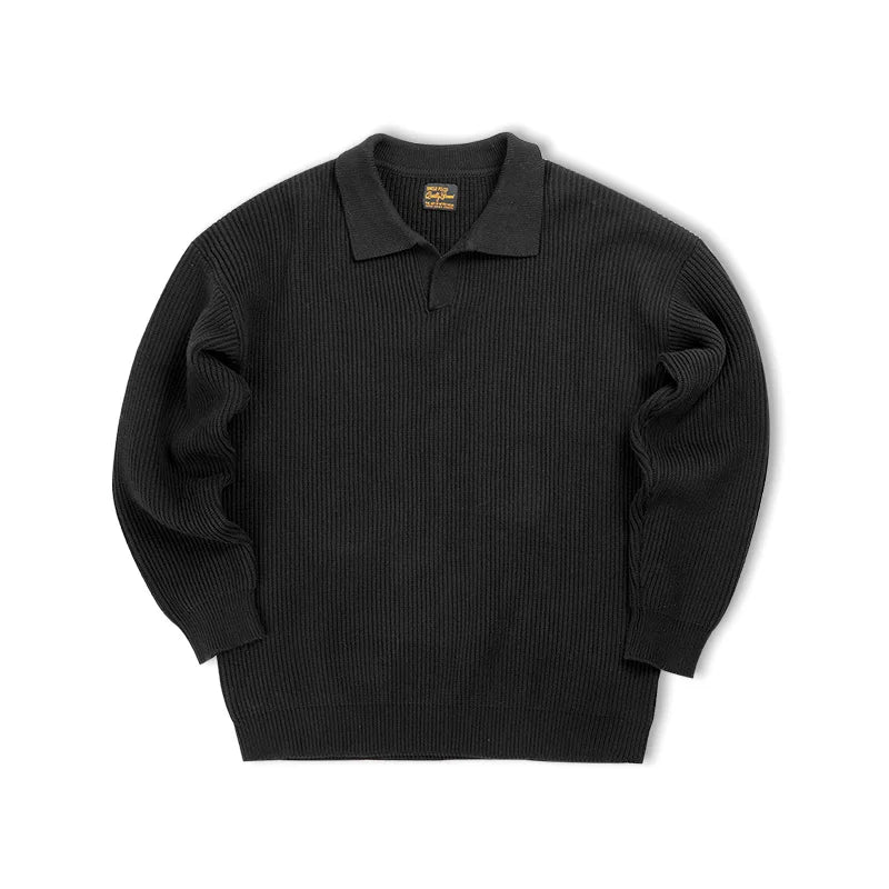 Knitted Polo Sweatshirt – Relaxed Fit Ribbed Collar Jumper