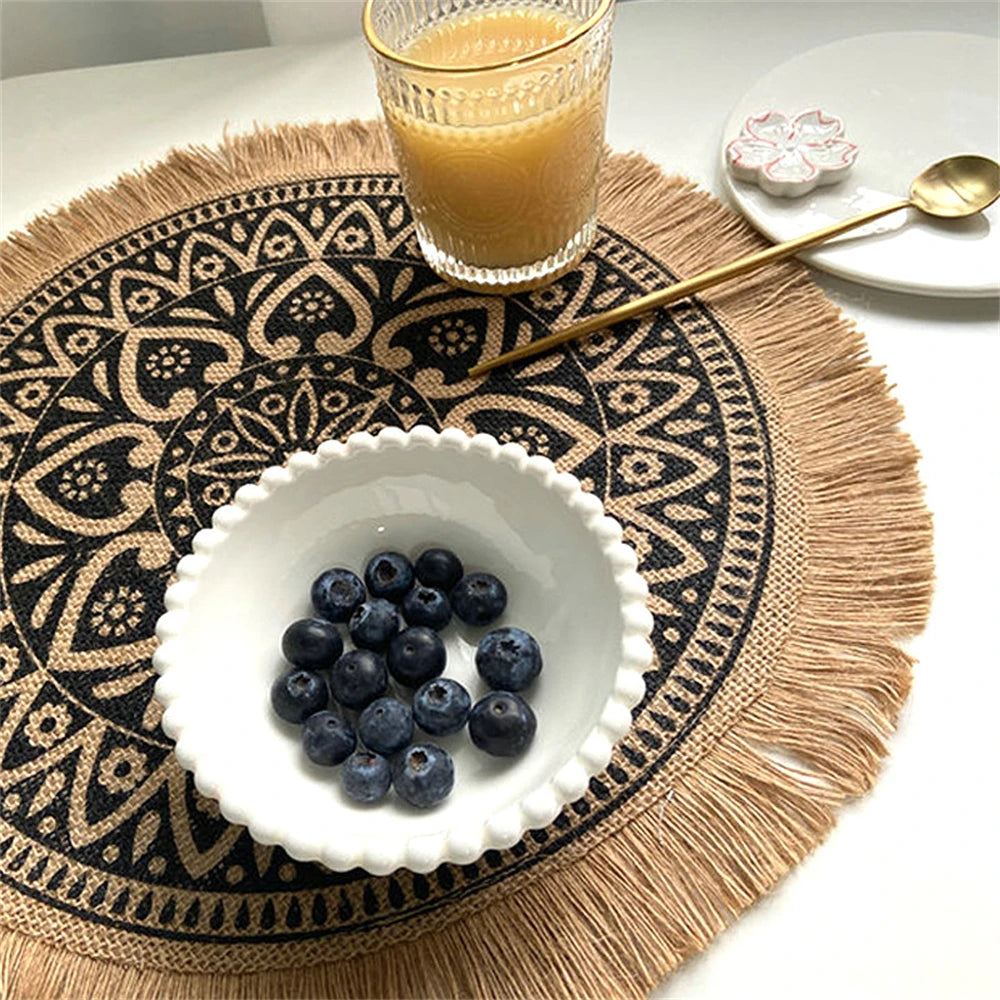 Boho Jute Round Placemats with Tassels – 38cm Natural Woven Table Mats for Rustic Dining & Home Decor