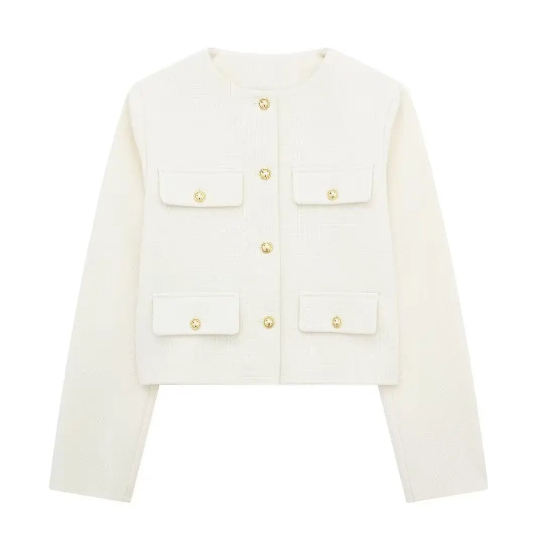 Giada Gold Button Pocket Jacket – Tailored Cropped Blazer-Style Spring Jacket in Cream, Black, Red, Beige & More
