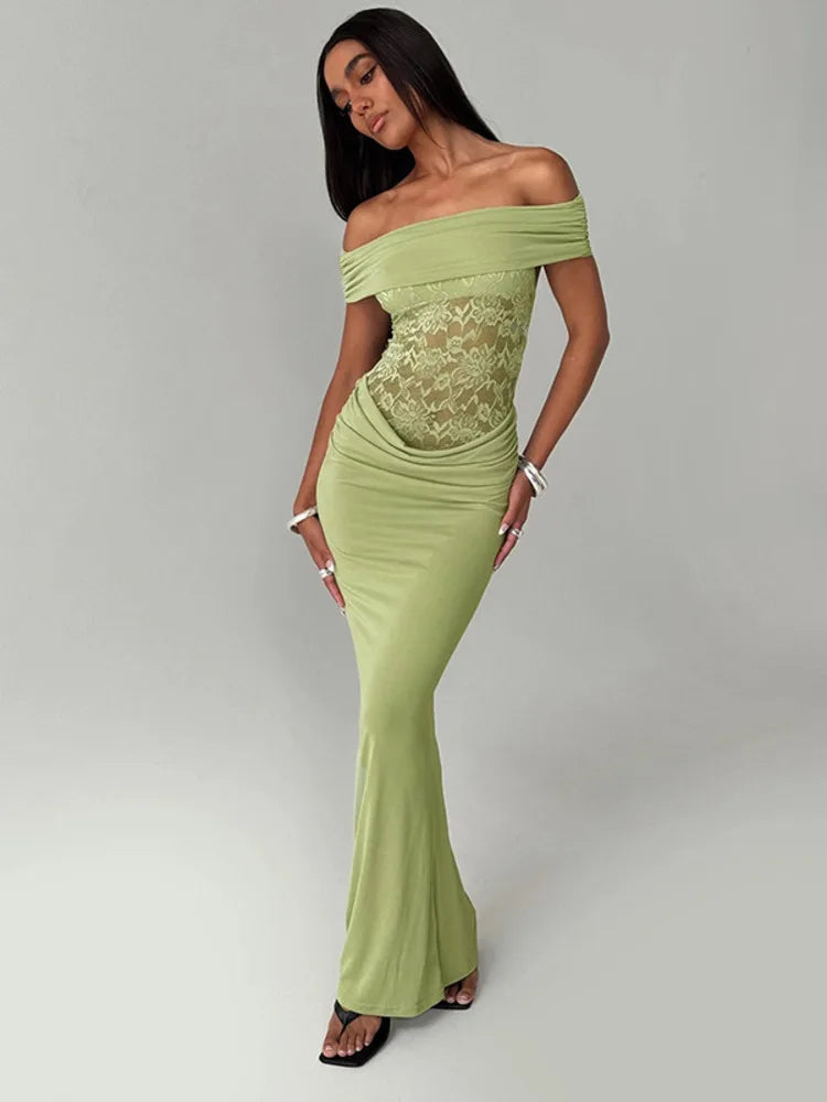 Eloria Off Shoulder Lace Maxi Dress – Bodycon Evening Dress, Elegant Green Party & Occasion Dress