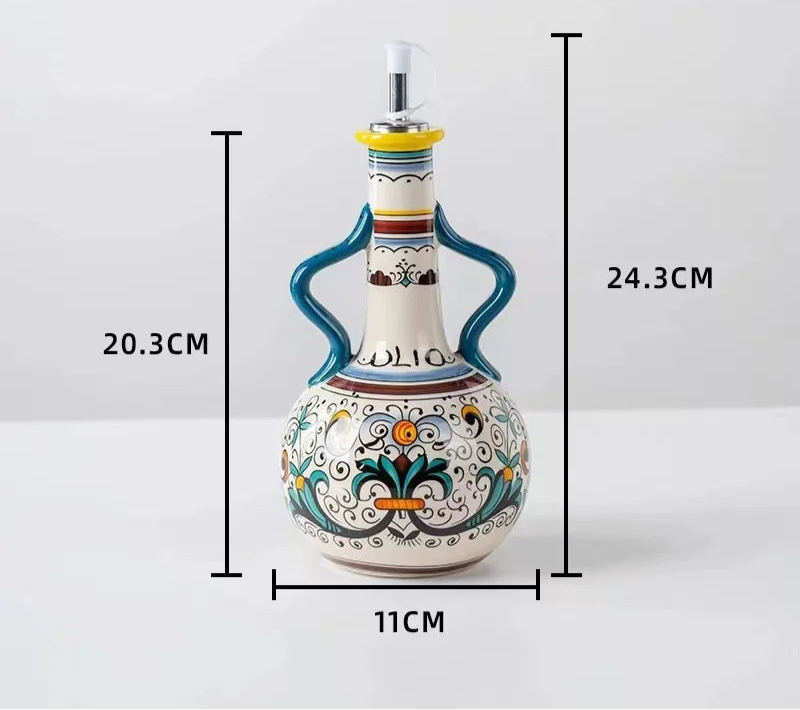 Hand-Painted Ceramic Olive Oil & Vinegar Bottle – Italian Style Cruet with Pourer for Kitchen & Dining