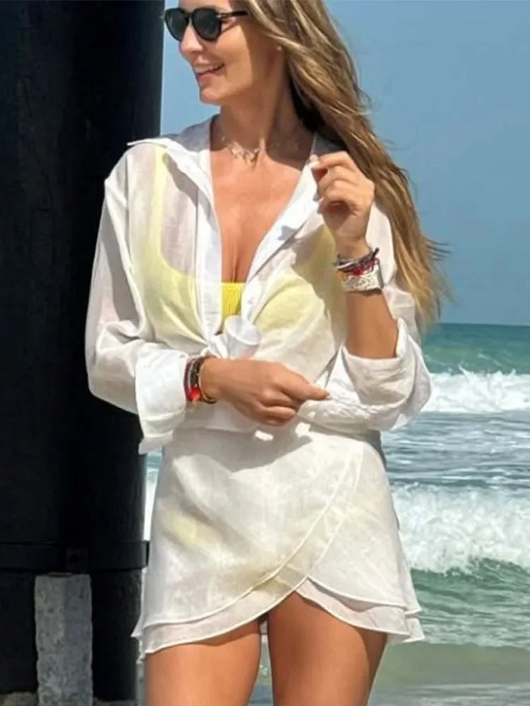 Naomi Summer Beach Co-Ord Set – Long Sleeve Button-Up Shirt and Mini Skirt Two Piece Outfit