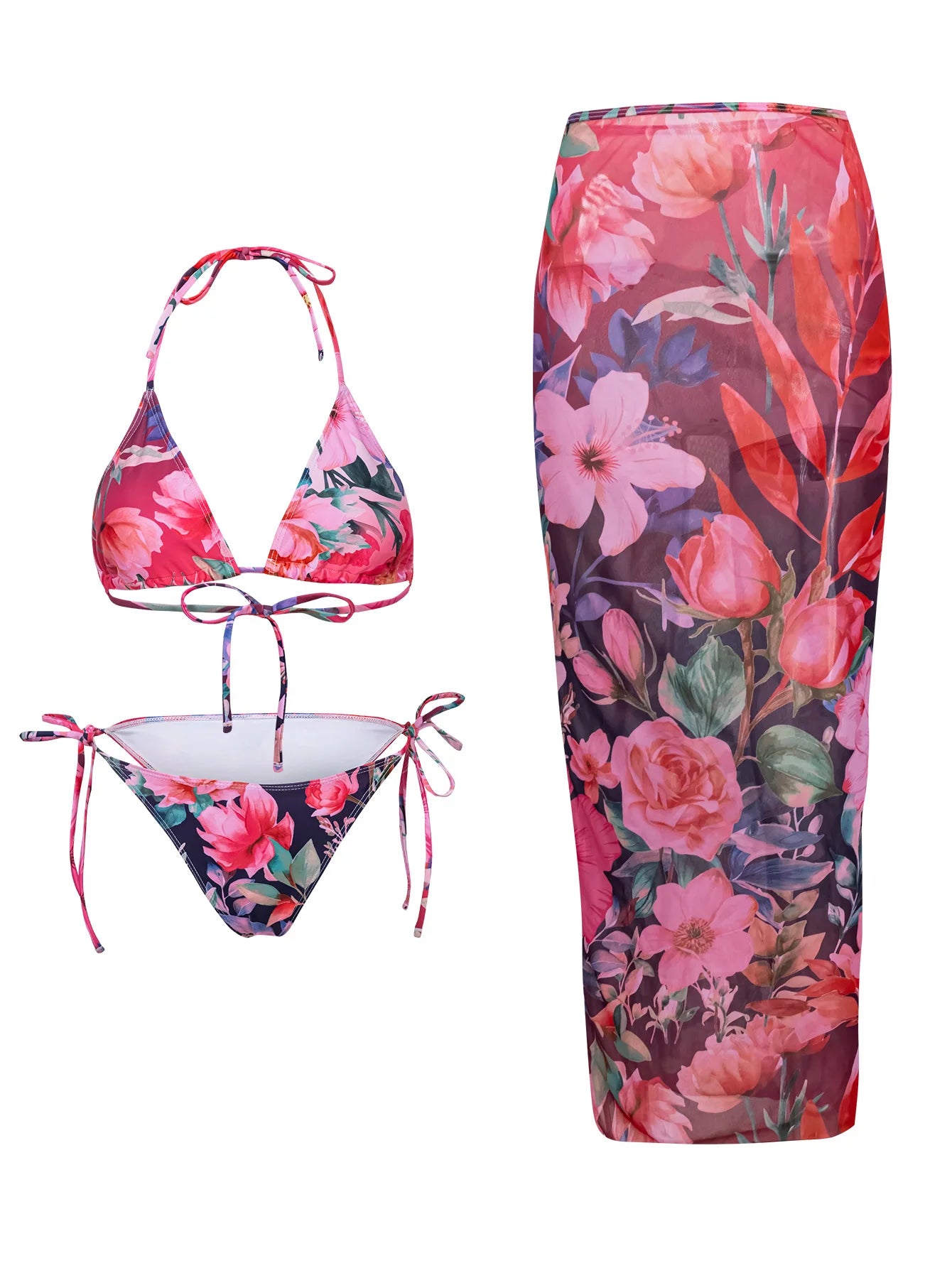 Floral Bikini and Mesh Skirt Set – Summer Holiday 3 Piece Swimsuit in Tropical Prints and Animal Patterns