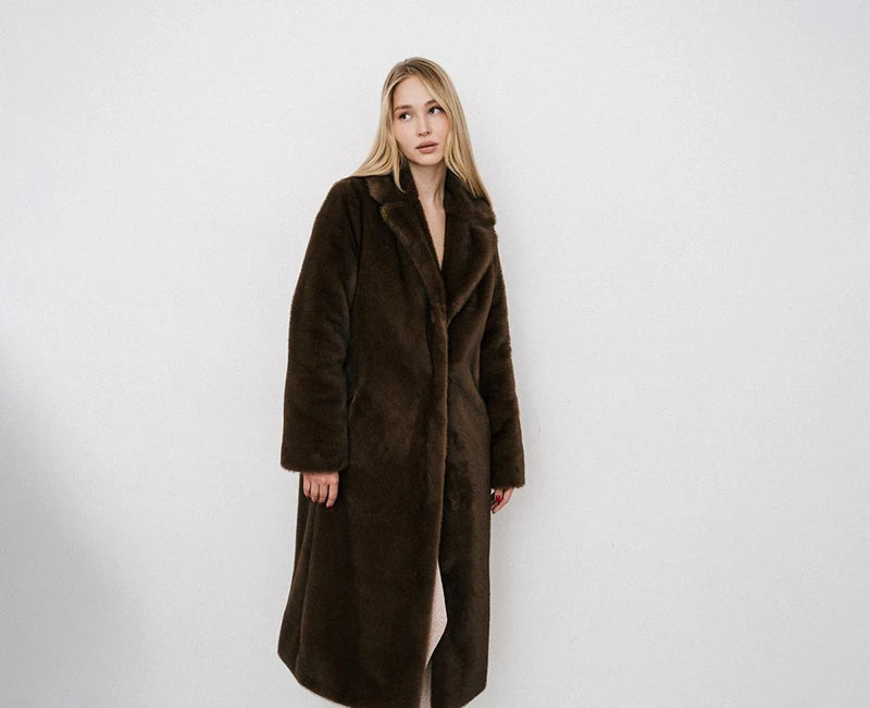 Carmen Brown Luxe Faux Fur Long Coat – Elegant Outerwear