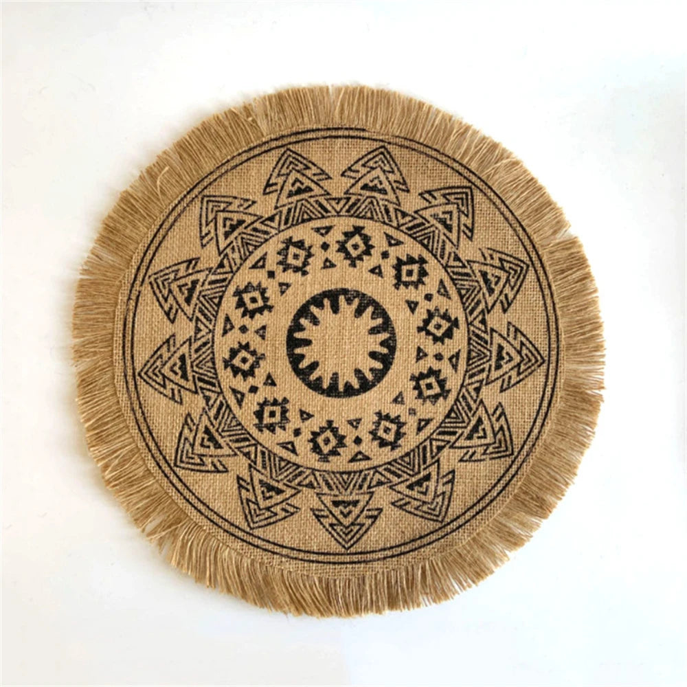 Boho Jute Round Placemats with Tassels – 38cm Natural Woven Table Mats for Rustic Dining & Home Decor