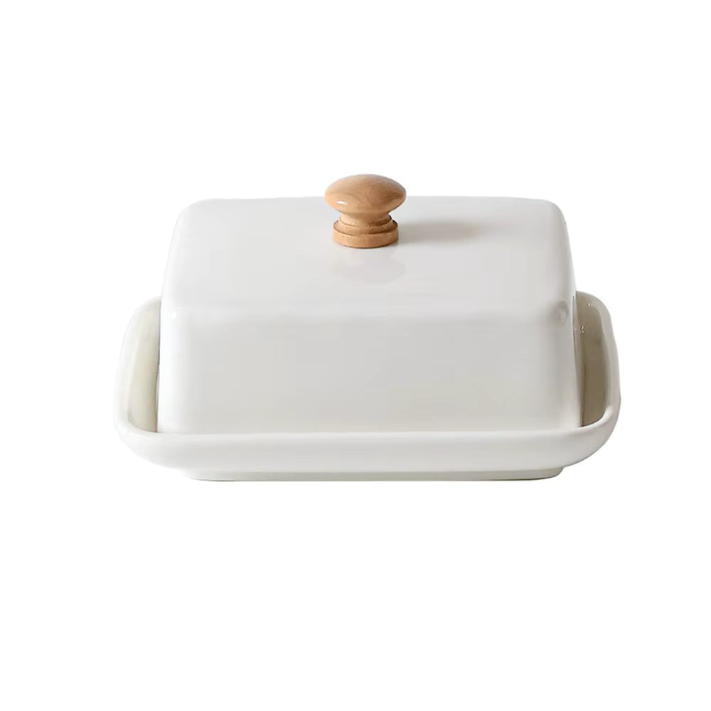 Black & White Ceramic Butter Dish with Wooden Handle – Rectangular Covered Butter Keeper for Kitchen & Dining