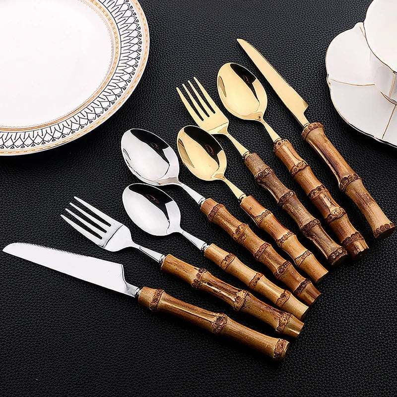 24-Piece Bamboo Handle Cutlery Set – Stainless Steel Knife Fork Spoon Flatware in Gold & Silver
